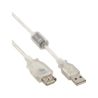 InLine® USB 2.0 Verlängerung, Stecker / Buchse, Typ A, transparent, mit Ferritkern, 2m