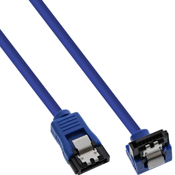 InLine® SATA 6Gb/s Round Cable blue angled 90° with latches 0.15m