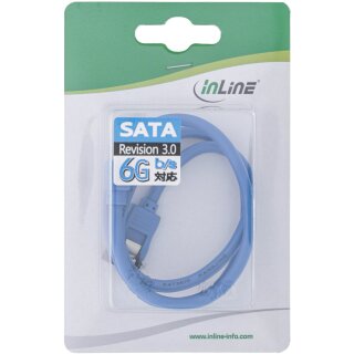 InLine SATA 6Gb/s Anschlusskabel rund, abgewinkelt, blau, mit Lasche, 0,5m