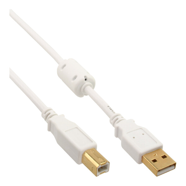 InLine® USB 2.0 Cable Type A to B white / gold with ferrite choke 2m