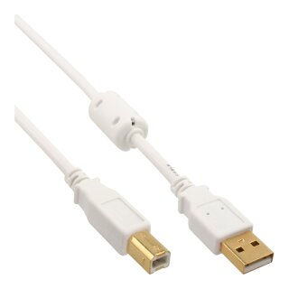 InLine® USB 2.0 Kabel, A an B, weiß / gold, mit Ferritkern, 5m
