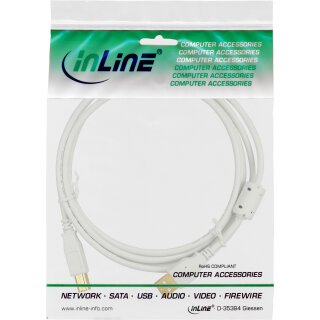 InLine USB 2.0 Kabel, A an B, wei / gold, mit Ferritkern, 1m