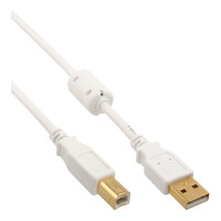 InLine® USB 2.0 Kabel, A an B, weiß / gold, mit Ferritkern, 1m