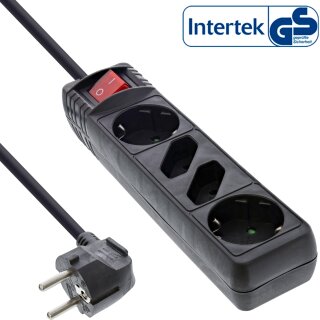 InLine® Power Strip 4 Port 2x Type F German + 2x Euro with switch black 1.5m
