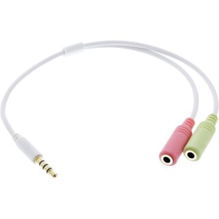InLine® Audio Headset Adapterkabel, 3,5mm Klinke Stecker 4pol. an 2x 3,5mm Klinke Buchse, weiß, 0,25m