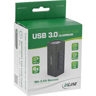 InLine® USB 3.0 Aluminium Hub, 4 Port, schwarz, mit 2,5A Netzteil