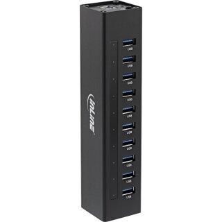 InLine® USB 3.2 Gen.1 Hub, 10 Port, Aluminiumgehäuse, schwarz, mit 4A Netzteil