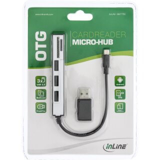 InLine® USB OTG Cardreader & 3-fach USB 2.0 Hub, für SDXC und microSD, mit Adapter