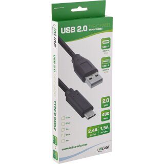 InLine® USB 2.0 Kabel, Typ C Stecker an A Stecker, schwarz, 0,5m