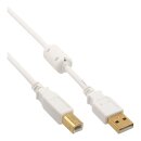 InLine® USB 2.0 Kabel, A an B, weiß / gold, mit Ferritkern, 10m