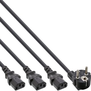 InLine® Y-Power Cable 1x Type F German Plug to 3x IEC Plug black, Version 3 (2m+1/3/2m)