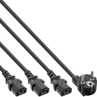 InLine® Y-Power Cable 1x Type F German Plug to 3x IEC Plug black, Version 1 (2m+1/2/3m)