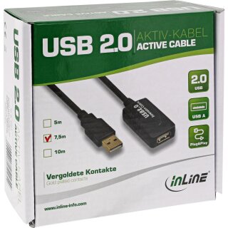 InLine® USB 2.0 Aktiv-Verlängerung, mit Signalverstärkung Repeater, Stecker A an Buchse A, 7,5m