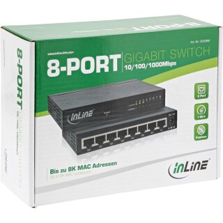 InLine® Netzwerk Switch 8-Port, Gigabit Ethernet, 10/100/1000MBit/s, Desktop, Metall, lüfterlos, geschirmte Ports