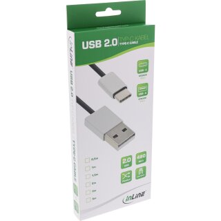 InLine USB 2.0 Kabel, USB-C Stecker an A Stecker, schwarz/Alu, flexibel, 5m