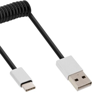 InLine® USB 2.0 Spiralkabel, Typ C Stecker an A Stecker, schwarz/Alu, flexibel, 1m