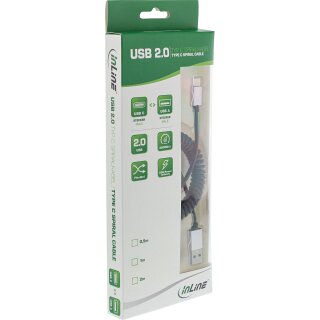 InLine® USB 2.0 Spiralkabel, Typ C Stecker an A Stecker, schwarz/Alu, flexibel, 0,5m