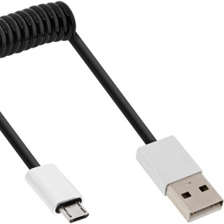 InLine® Micro-USB 2.0 spiral cable, USB-A plug to Micro-B plug, black/alu, flexible, 3m