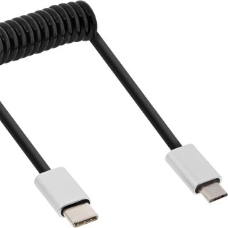 InLine® USB 2.0 Spiralkabel, Typ C Stecker an Micro-B Stecker, schwarz/Alu, flexibel, 3m