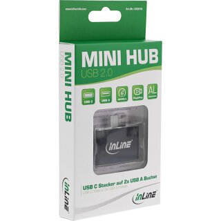 InLine® Mini USB 2.0 Hub, USB Typ-C Stecker auf 2x USB A Buchse, schwarz