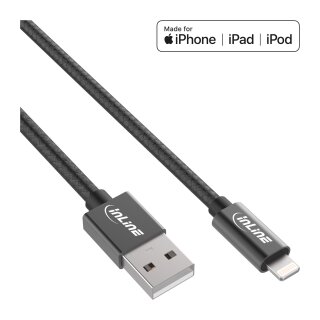 InLine® Lightning USB Kabel, für iPad, iPhone, iPod, schwarz/Alu, 1m MFi-zertifiziert
