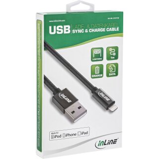 InLine® Lightning USB Kabel, für iPad, iPhone, iPod, schwarz/Alu, 1m MFi-zertifiziert