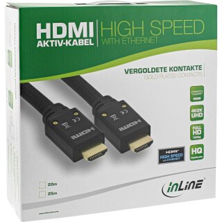InLine HDMI Aktiv-Kabel, HDMI-High Speed mit Ethernet, 4K2K, Stecker / Stecker, schwarz / gold, Nylon Geflecht Mantel 20m