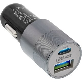 InLine® USB KFZ Ladegerät Stromadapter Quick Charge 3.0, 12/24VDC zu 5V DC/3A, USB-A + USB Typ-C, schwarz