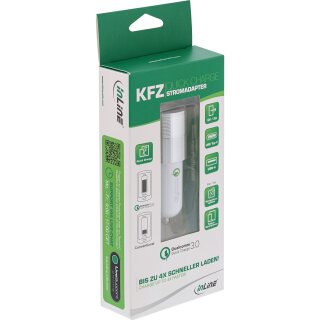 InLine® USB KFZ Ladegerät Stromadapter Quick Charge 3.0, 12/24VDC zu 5V DC/3A, USB-A + USB Typ-C, weiß