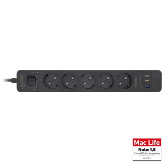 InLine® Steckdosenleiste, 5-fach Schutzkontakt, Überspannungsschutz und QuickCharge USB, mit Schalter, 1,5m, schwarz