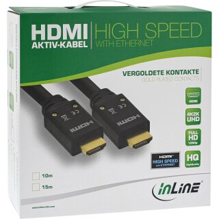 InLine® HDMI Aktiv-Kabel, HDMI-High Speed mit Ethernet, 4K2K, Stecker / Stecker, schwarz / gold, 15m