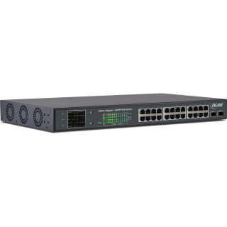InLine® PoE+ Gigabit Netzwerk Switch 24 Port, 1Gb/s, 2xSFP, 19" 1HE (Winkel enthalten), Metall, Lüftersteuerung, mit Display, 420W