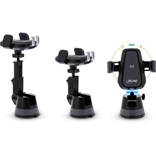 InLine Car Smartphone Holder electric with suction cup and mounting for ventilation slot, universal, extendable, Wireless Charger