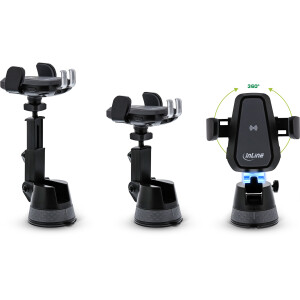 InLine® Car Smartphone Holder electric with suction cup and mounting for ventilation slot, universal, extendable, Wireless Charger