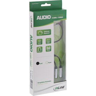 InLine® Slim Audio Y-Kabel Klinke 3,5mm Stecker gewinkelt an 2x Klinke Buchse, mit Lautstärkeregler, 0,25m