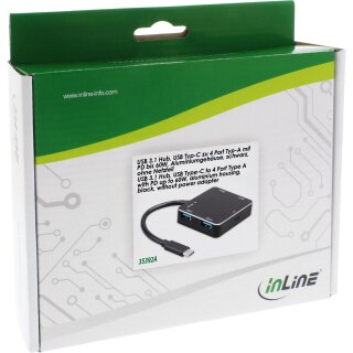InLine USB 3.1 Hub, USB-C zu 4 Port USB- A mit PD bis 60W, Aluminiumgehuse, schwarz, ohne Netzteil