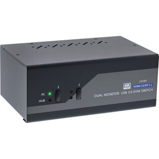 InLine® KVM Desktop Switch, 2-fach, Dual Monitor, Displayport 1.2 + HDMI 2.0, 4K, USB 3.0, Audio