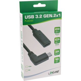 InLine® USB 3.2 Kabel, USB Typ-C Verlängerung, Stecker gewinkelt auf Buchse, schwarz, 2m