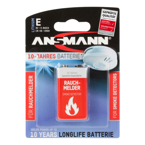 Ansmann 10 year lithium battery 9V E-Block for smoke detectorlonglife (5021023-01), longlife