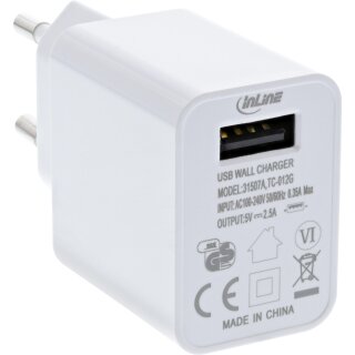 InLine® USB Power Adapter Single, 100-240V to 5V/2.5A, white