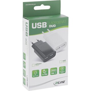 InLine USB Ladegert DUO, Netzteil 2-fach, Stromadapter, 100-240V zu 5V/2.1A, schwarz