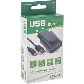 InLine USB DUO+ Ladeset, Netzteil 2-fach + USB-C Kabel, Ladegert, Stromadapter, 100-240V zu 5V/2.1A, schwarz