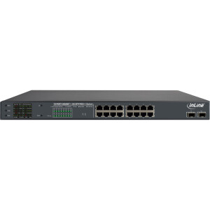 InLine® PoE++ Gigabit Network Switch 16 Port, 1Gb/s, 2x SFP, 48,26cm (19" 1U, brackets incl.), Metal, fan control, w/display, password protection, 300