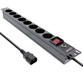 InLine® 19" socket strip, 8-way CEE7/7, C14 plug, overload protection