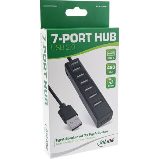 InLine® USB 2.0 Hub, 7 Port, schwarz, mit 1m USB DC Kabel, schwarz