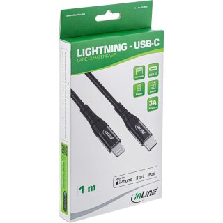 InLine® USB-C Lightning Kabel, für iPad, iPhone, iPod, schwarz/Alu, 1m MFi-zertifiziert