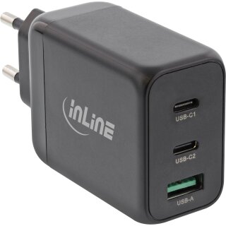 InLine® USB PD power supply, GaN charger, 3-port, Dual USB-C + USB-A, 65W, black