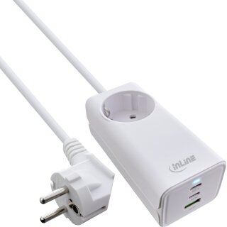 InLine® USB Netzteil, 65W Ladegerät, 2x USB-C + 1x USB-A, mit Schutzkontaktbuchse und 1,5m Kabel, PD3.0 PPS GaN, weiß