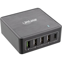 InLine® Power Delivery + Quick Charge 3.0 USB power adapter, charger, 4x USB A + USB Type-C, 60W, black