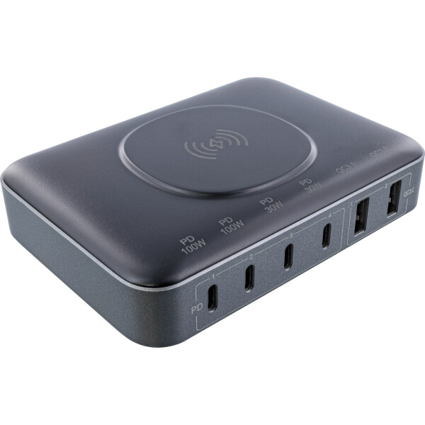 InLine® Qi powerstation multiport, power supply, charger, 4x USB Type-C, 2x USB Type A, GaN, 100W, Wireless Charging 15W, black